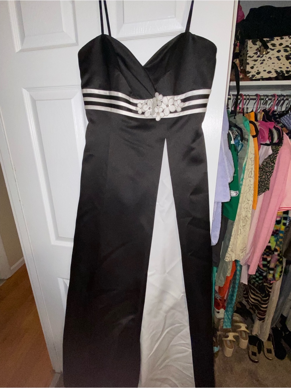 David Bridal’s Black and White Spaghetti Strap Evening Gown
